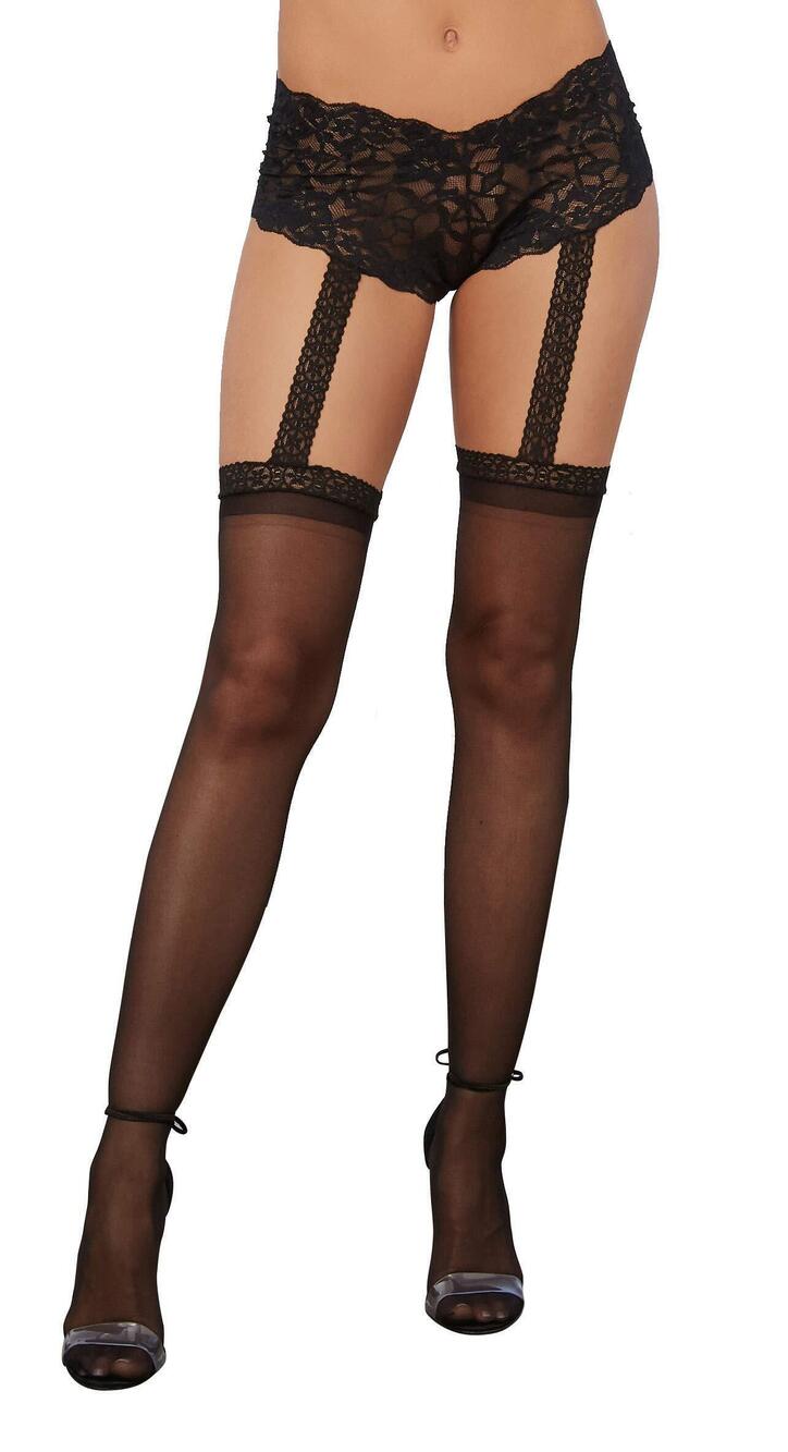 2525 Lace Short Garter Belt with Attached Sheer Thigh Highs, Black, One